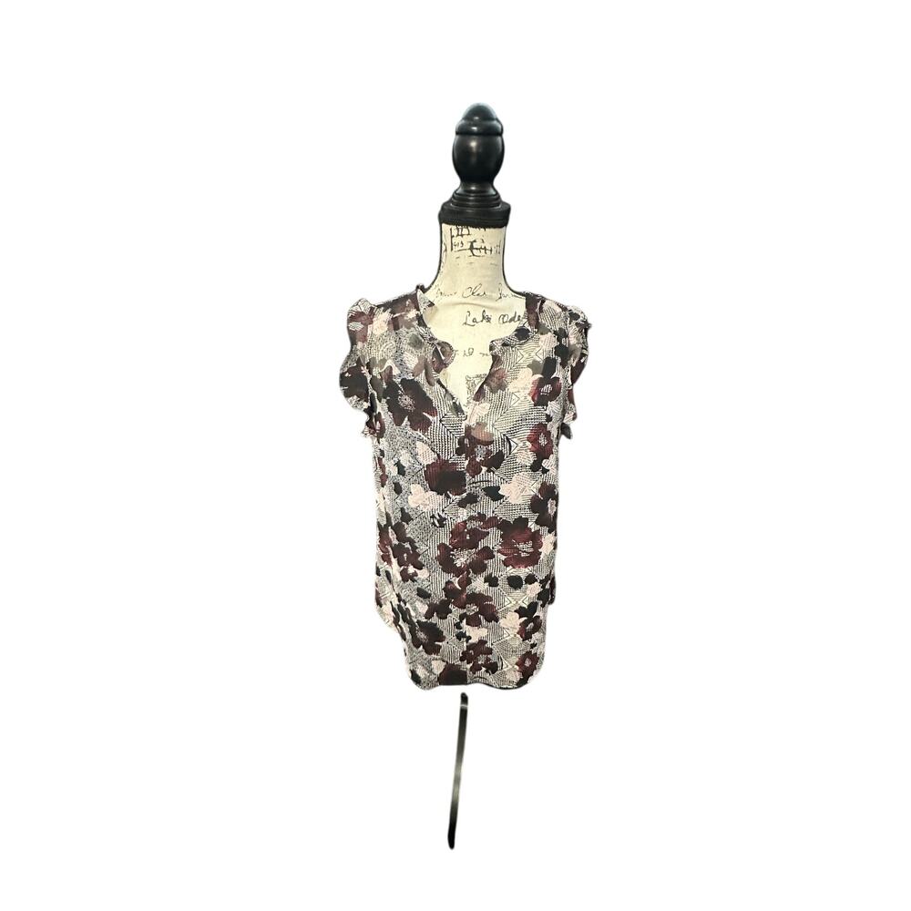 Cabi Ruffle Sleeve Blouse – Floral Print with Sheer Overlay – Size Small
